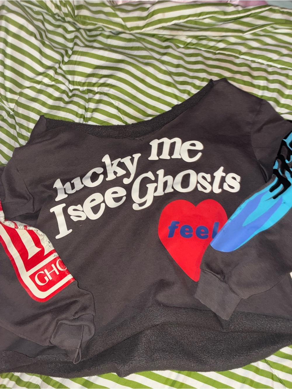 Amazon Black Crop Top with Red Heart and Blue Sleeve Accent
